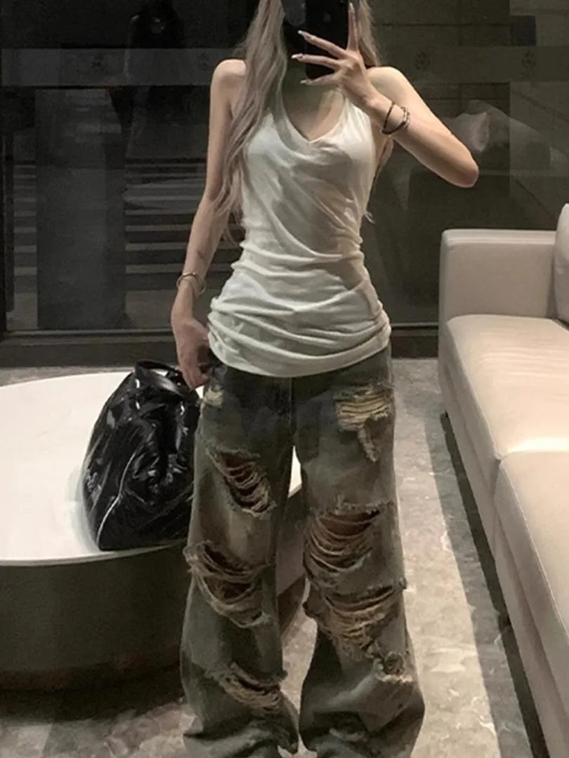 Retro Men's And Women's Summer Loose Straight Leg Jeans High Waist Distressed Vintage Style Casual High Waist Denim Pants