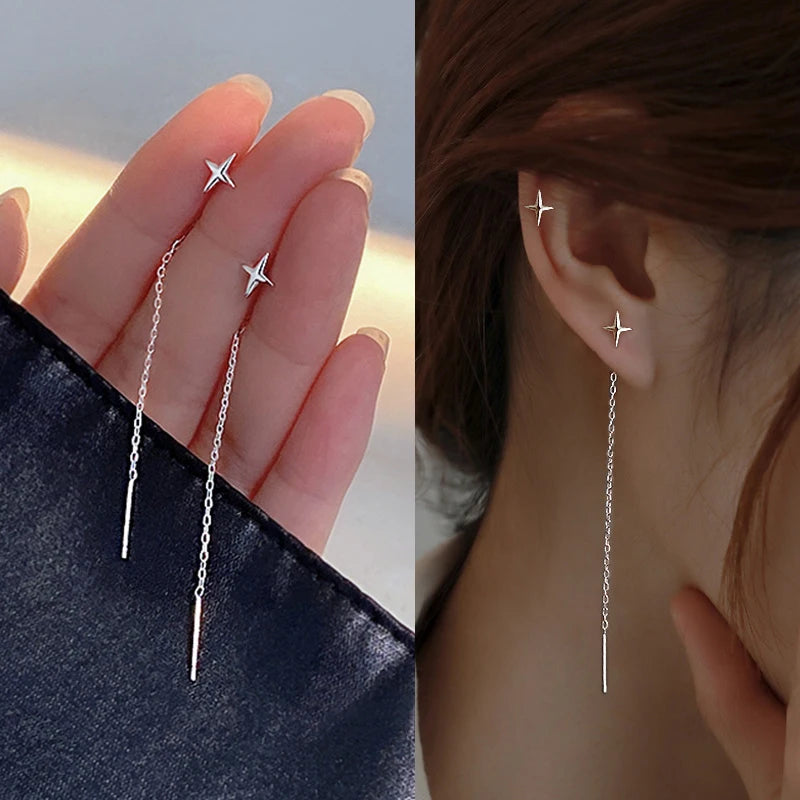 Trendy Long Wire Tassel Thread Chain Climb Star Heart Beads Pendants Drop Earrings women's Straight Hanging Earings Jewelry