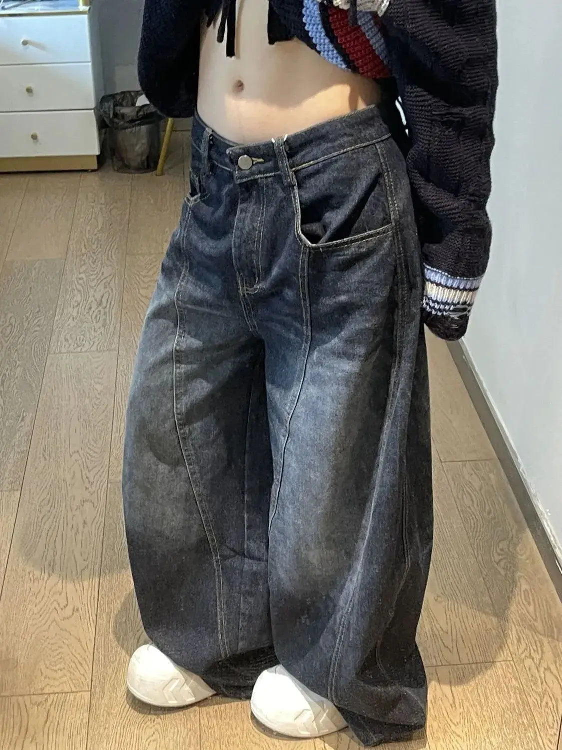Black Womens Jeans High Waist Vintage Design Hip Hop Straight Baggy Denim Pants Street Y2K korean Style Wide Leg Denim Trouser