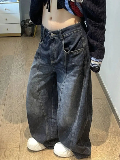 Black Womens Jeans High Waist Vintage Design Hip Hop Straight Baggy Denim Pants Street Y2K American Style Wide Leg Denim Trouser
