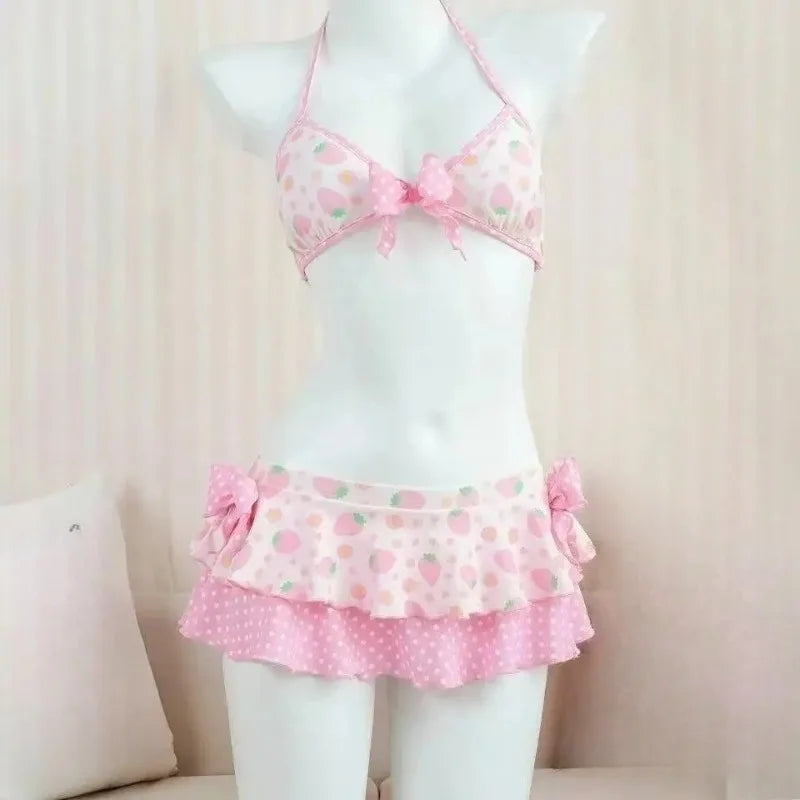 Y2K Korean Cute Two Piece Swimsuit Women Print Ruffle Halter Bikini with Mini Skirt Beach Vacation