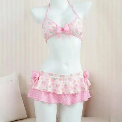 Y2K Korean Cute Two Piece Swimsuit Women Print Ruffle Halter Bikini with Mini Skirt Beach Vacation