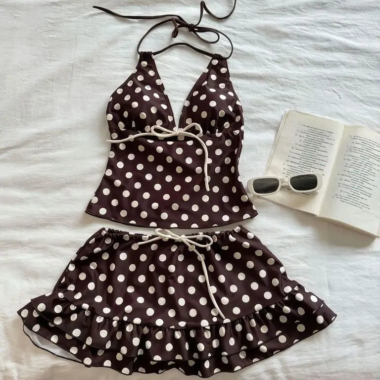 Y2K Korean Cute Two Piece Swimsuit Women Print Ruffle Halter Bikini with Mini Skirt Beach Vacation