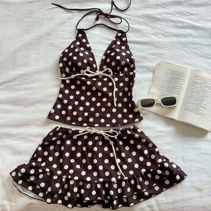 Y2K Korean Cute Two Piece Swimsuit Women Print Ruffle Halter Bikini with Mini Skirt Beach Vacation