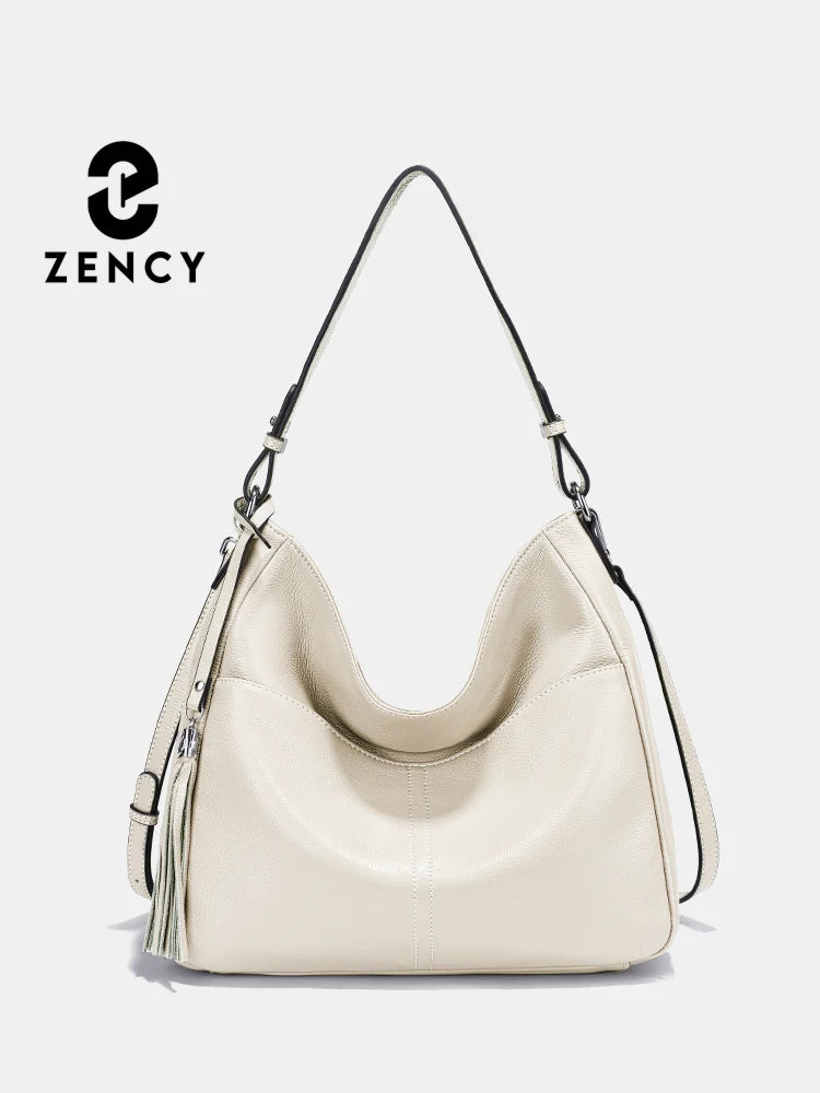 Zency Elegant Beige Tassel Hobo Bag Soft Leather Women's Shoulder Bag 2025 New Handbag Long Strap Crossbody 8 Color Shopper