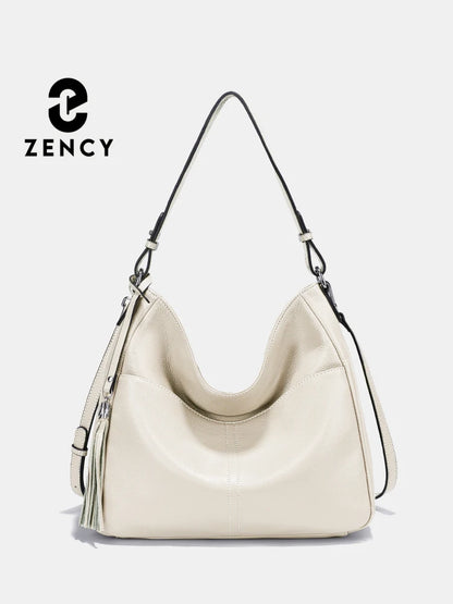 Zency Elegant Beige Tassel Hobo Bag Soft Leather Women's Shoulder Bag 2025 New Handbag Long Strap Crossbody 8 Color Shopper