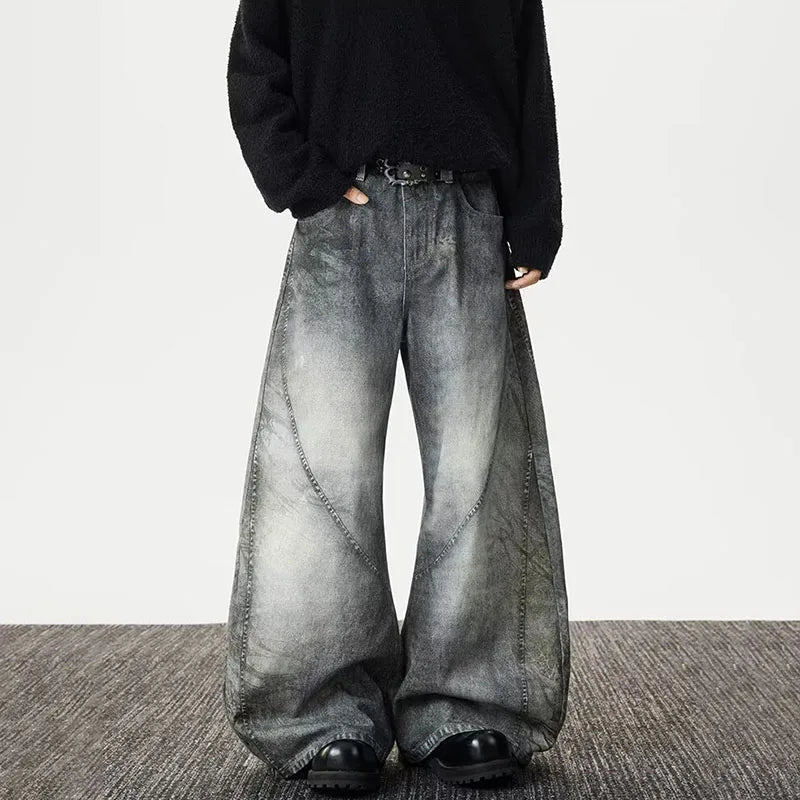 Spring And Autumn Vintage Smoke Grey Curved Knife Jeans For Men Casual Loose Straight Leg Pants Flared Pants Pants