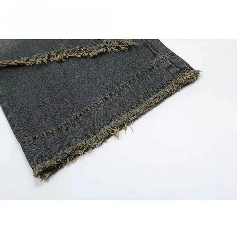 Baggy Jeans for Women Autumn/winter Korean Vintage Design Empty Star Appliqué and Faded Straight-leg Trousers