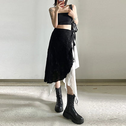 Y2k Mid-Long Skirts Irregular Spliced Streetwear Vintage Design Black White Contrasting High Waisted Asymmetrical Mesh Long Skir