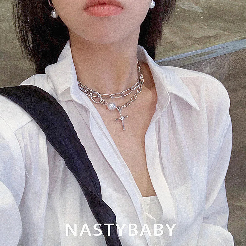 Chain Around The Neck Cross Necklace for Women Pendant Vintage Multilayer Fashion Jewelry Hip-Hop Gothic Style Clavicle Chokers