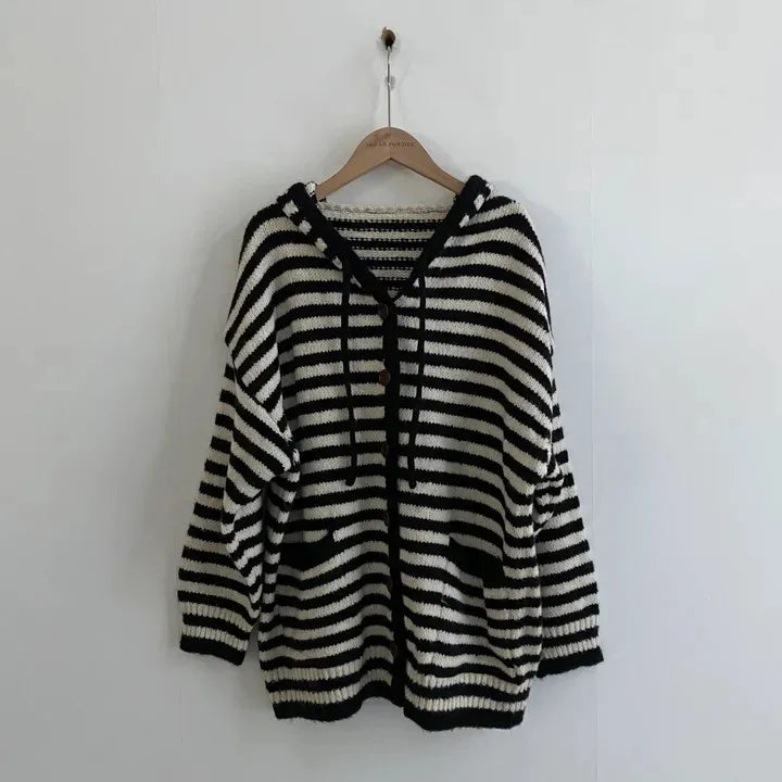 Fall Retro Women's Knitted Sweater Coat Faionable Striped Lazy Sle Hood Single Button Zipper Design Sense Top Warmth