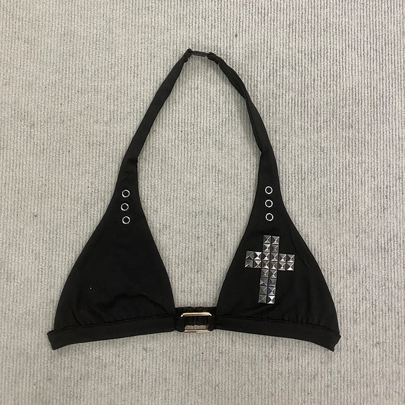 Y2K Dark Retro Personality Fashion Cross Pattern Beach Wind Hot Girl Rivet Metal Decoration Hanging Neck Sexy Bikini.