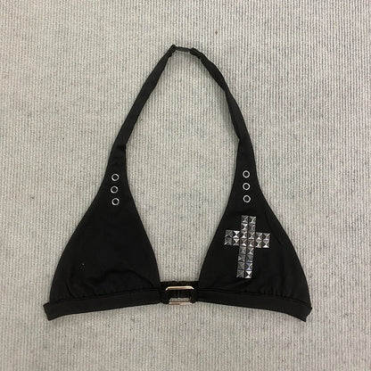 Y2K Dark Retro Personality Fashion Cross Pattern Beach Wind Hot Girl Rivet Metal Decoration Hanging Neck Sexy Bikini.