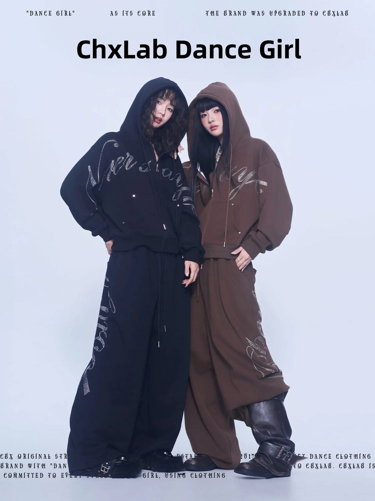 CBXLAB Street Dance Trendy Brand Glitter Heart Rhinestone Set Autumn Winter Fleece Lined Hooded Jacket Hip Hop Pants