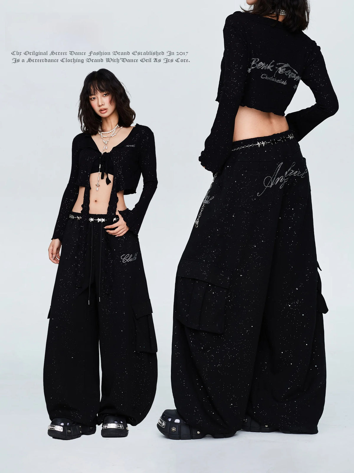 CBXLAB Street Dance Trendy Black American Rhinestone Sparkling Short Sleeve Jazz Sport Pants Set Women's Casual Sportswear