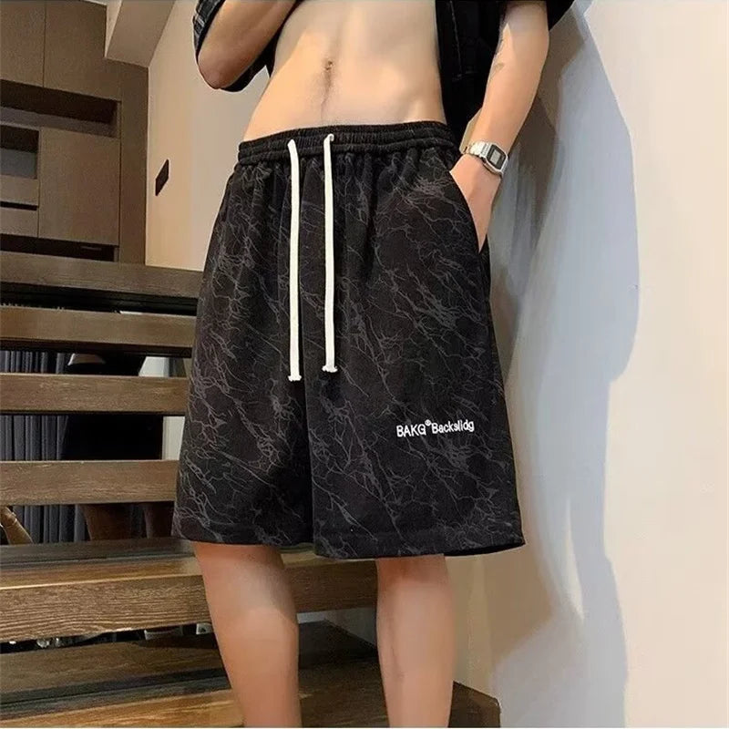 2026 Summer Letter Print Sports Shorts For Men High Street Punk Baggy Casual Short Pants Retro Tie-Dye Youthful Beach Bermudas