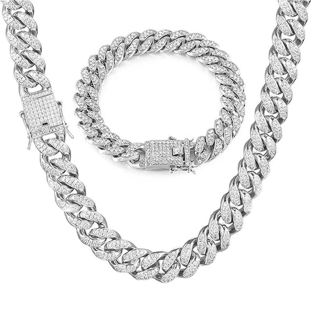 Mens 13MM Cuban Link Chain Necklace & Bracelet Set Silver Miami Hip Hop Jewelry Bling Diamond Choker for Men And Women