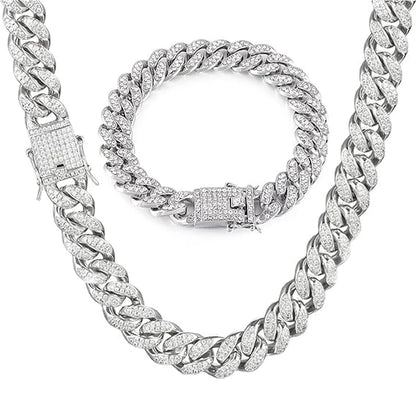 Mens 13MM Cuban Link Chain Necklace & Bracelet Set Silver Miami Hip Hop Jewelry Bling Diamond Choker for Men And Women