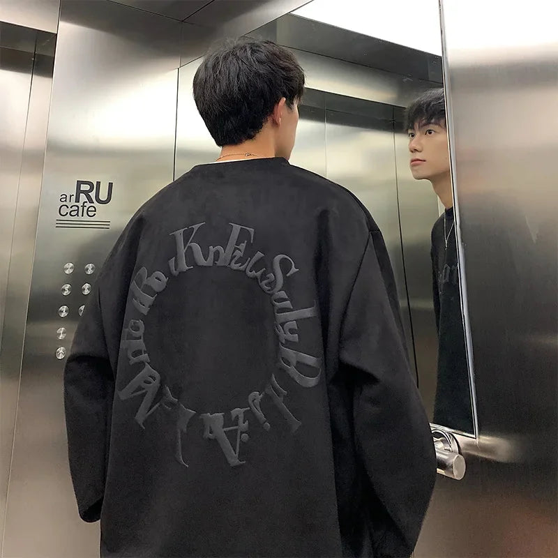 Suede Round Neck Hoodless Sweatshirts Men Autumn Trendy High Street Tops vintage Streetwear Long Sleeve Printed Letters