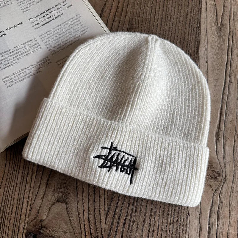 Embroidered Letter Beanie - Soft Warm Knit Hat for Men & Women, Stretchable Slouchy Cap for Casual & Travel