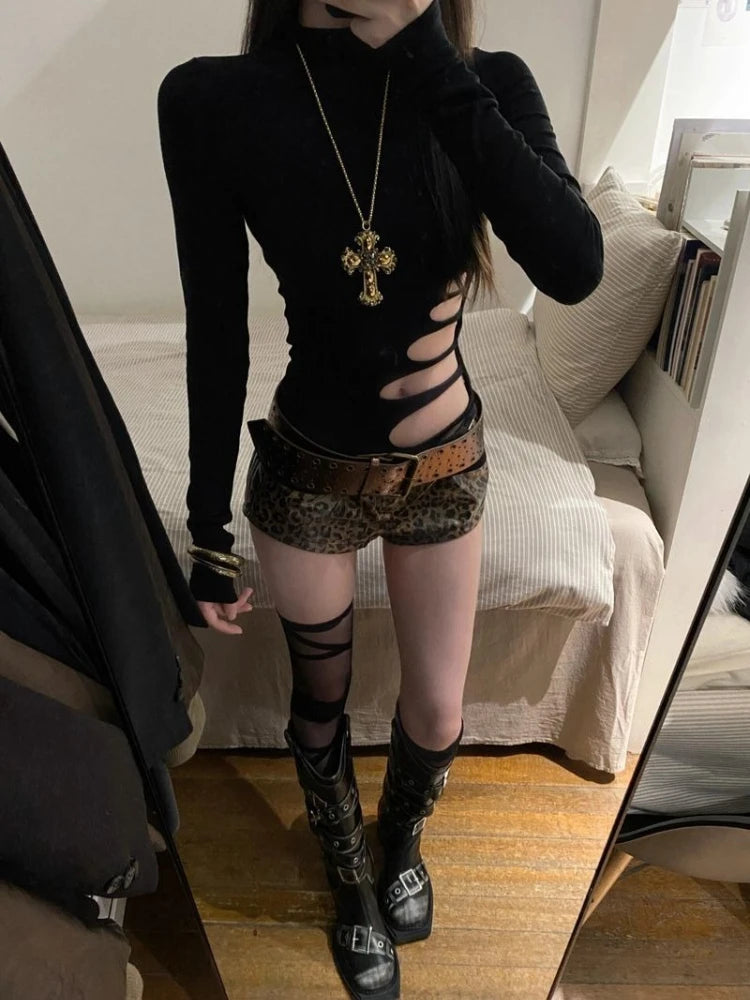 Sexy Retro Long Sleeve T-Shirt Women Vintage Hollow Out Design Slim Black Tops Harajuku Casual High Street Chic Clothes