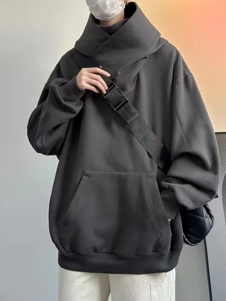 Autumn Solid Color Japanese Ninja Hoodies Men's Turtleneck Vintage Fleece Sweatshirts Hip Hop Y2K Streetwear Oversized Hoodie