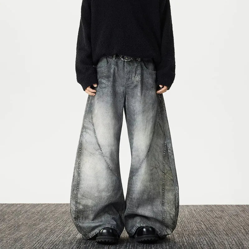 Spring And Autumn Vintage Smoke Grey Curved Knife Jeans For Men Casual Loose Straight Leg Pants Flared Pants Pants