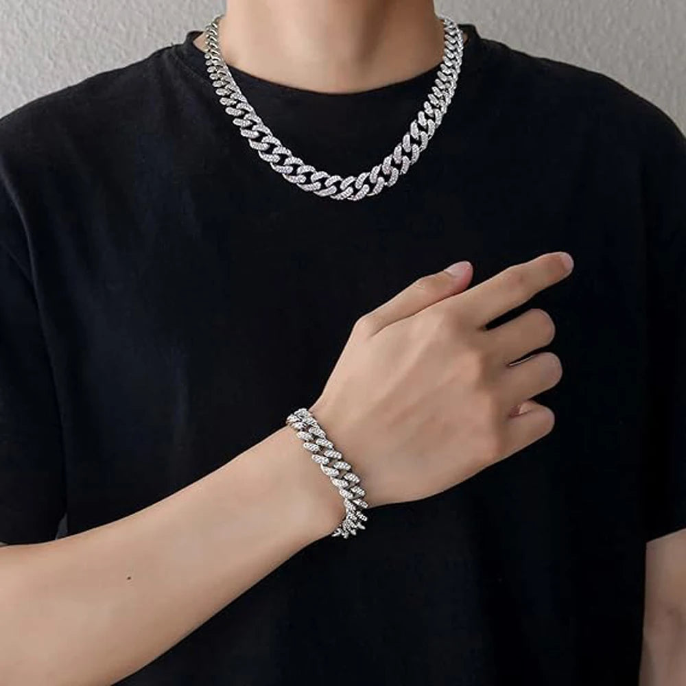 Mens 13MM Cuban Link Chain Necklace & Bracelet Set Silver Miami Hip Hop Jewelry Bling Diamond Choker for Men And Women