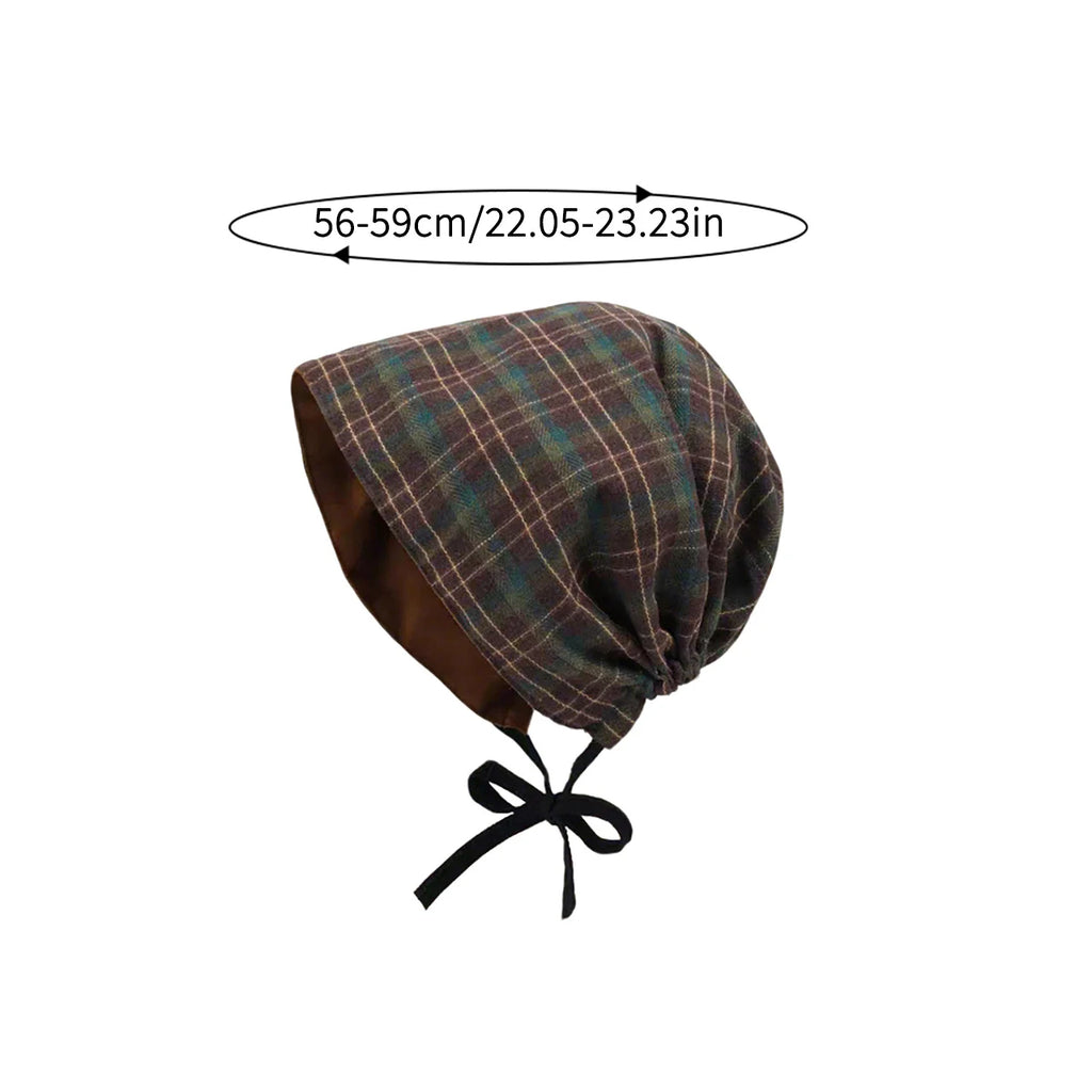 Vintage Plaid Beanies Hat for Women Autumn Spring Double-sided Wear Headscarf Hats Hip Hop Girl Versatile Warm Pullover Cap