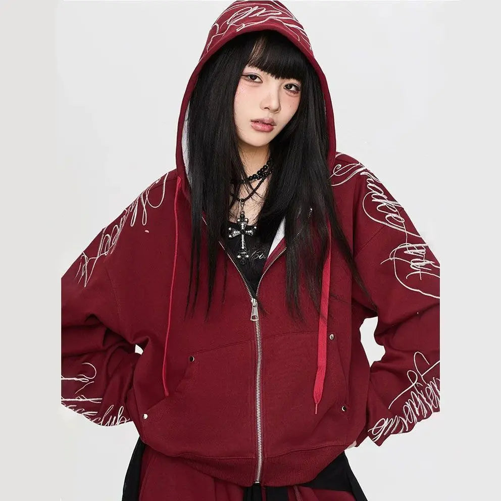 Autumn Winter New Fashion Solid Color Printed Two Piece Set Y2K Trendy Cool Hot Girl Hooded Zipper Hoodie Pants Street Dance Set