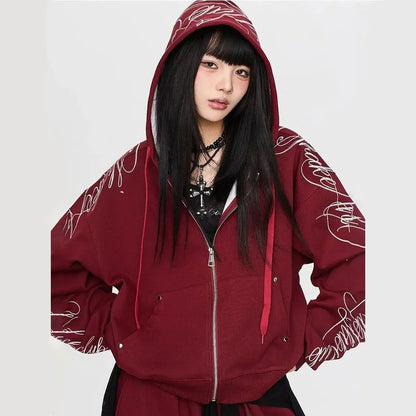 Autumn Winter New Fashion Solid Color Printed Two Piece Set Y2K Trendy Cool Hot Girl Hooded Zipper Hoodie Pants Street Dance Set
