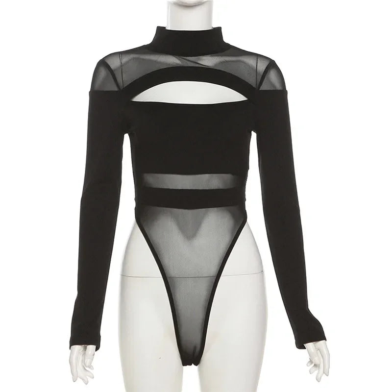 2024 New Dark Y2k Punk Hollow Out Sheer Sexy Bodysuits Cyber Gothic Patchwork Mock Neck Tops Bodycon Female Long Sleeve Bodysuit