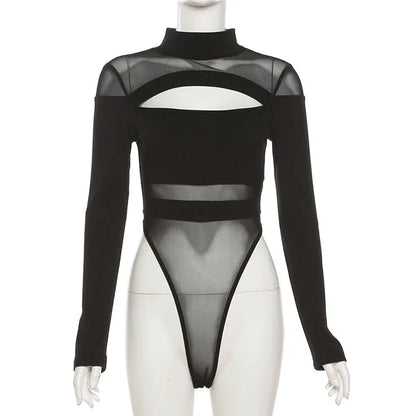 2024 New Dark Y2k Punk Hollow Out Sheer Sexy Bodysuits Cyber Gothic Patchwork Mock Neck Tops Bodycon Female Long Sleeve Bodysuit