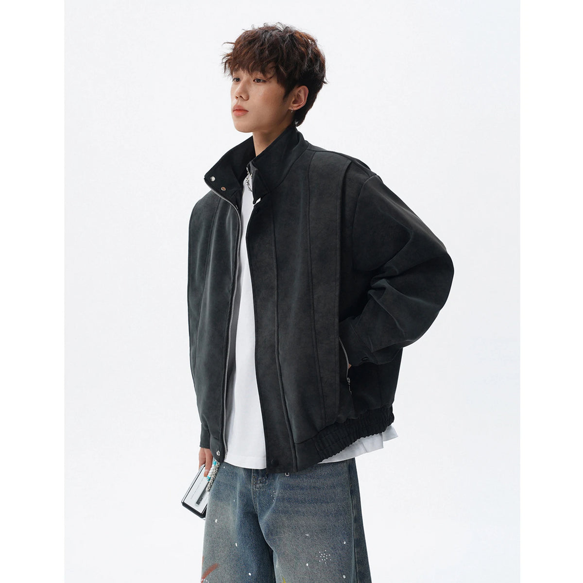 Hot jacker Men's Spring Stand Collar Motorcycle Jacket Fashionable Splicing Design Trendy Outerwear for Men