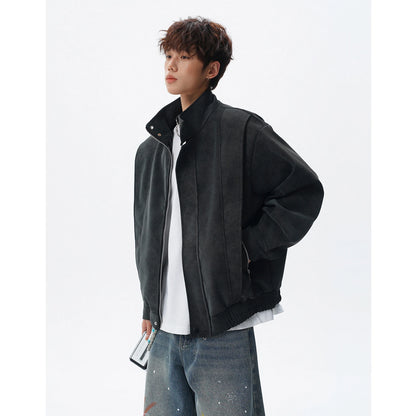 Hot jacker Men's Spring Stand Collar Motorcycle Jacket Fashionable Splicing Design Trendy Outerwear for Men
