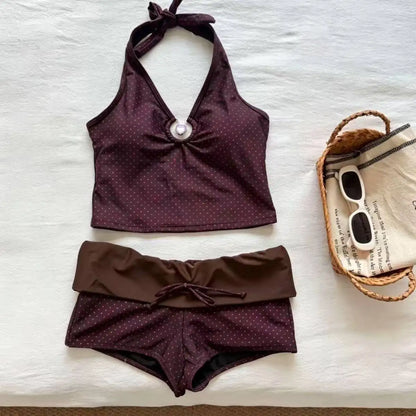 Y2K Korean Cute Two Piece Swimsuit Women Print Ruffle Halter Bikini with Mini Skirt Beach Vacation