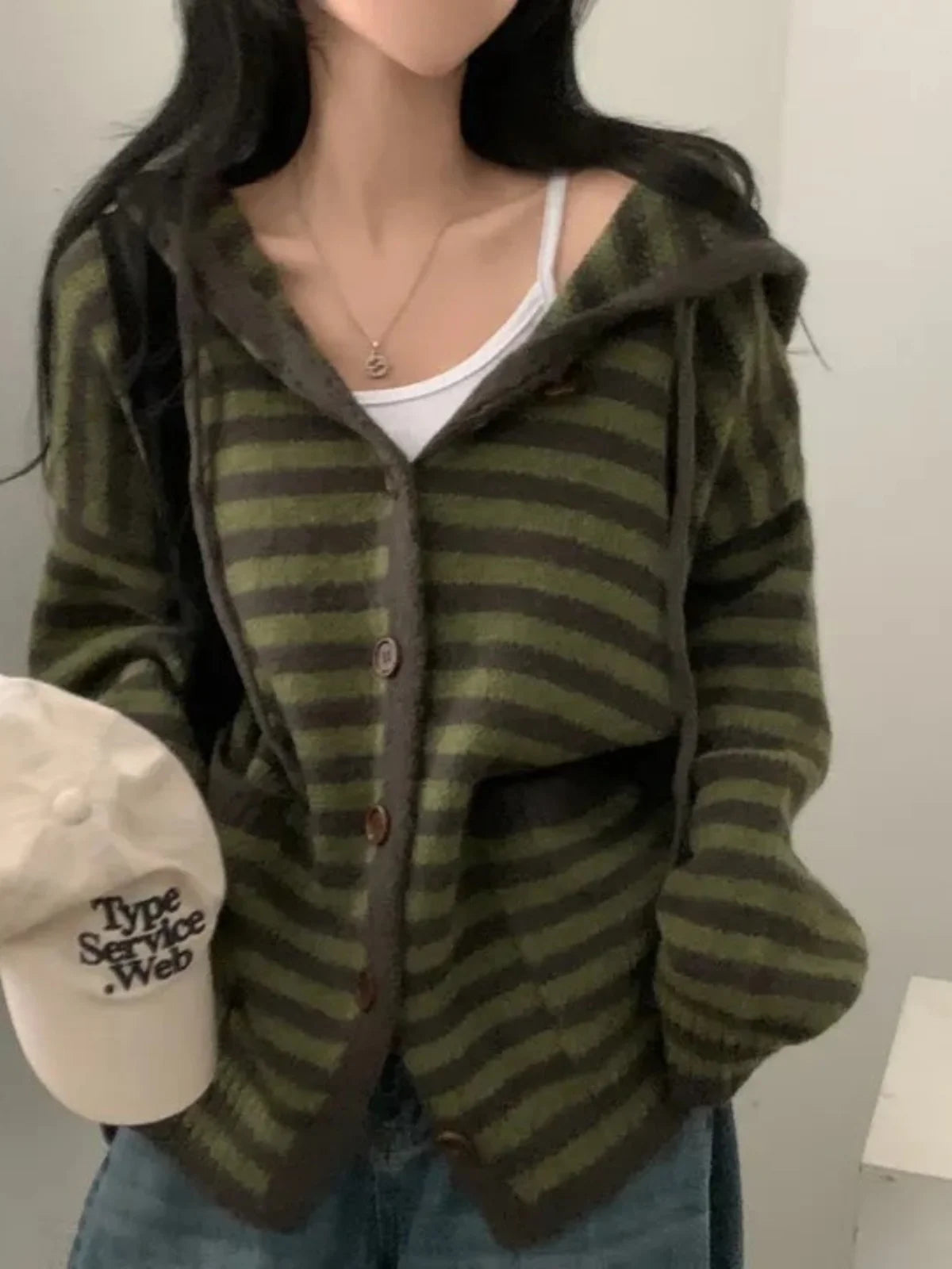 Fall Retro Women's Knitted Sweater Coat Faionable Striped Lazy Sle Hood Single Button Zipper Design Sense Top Warmth