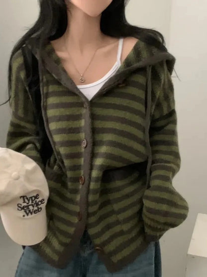 Fall Retro Women's Knitted Sweater Coat Faionable Striped Lazy Sle Hood Single Button Zipper Design Sense Top Warmth