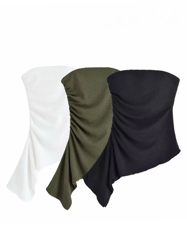 HH Women's Summer Fashion Tops Solid Strapless Sleeveless Backless Fold Decorate Female Sexy Slim Asymmetry Top 3 Color