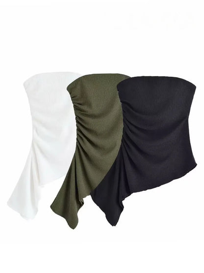 HH Women's Summer Fashion Tops Solid Strapless Sleeveless Backless Fold Decorate Female Sexy Slim Asymmetry Top 3 Color