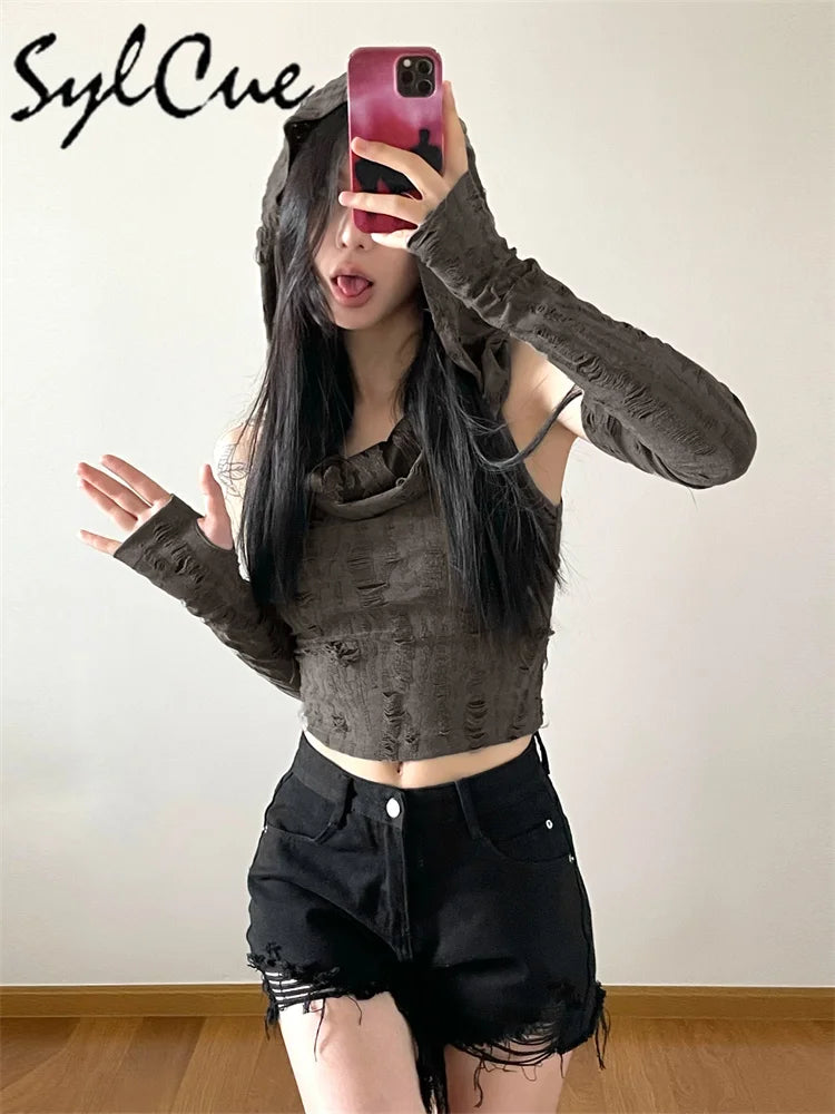Sylcue Solid Color Vintage Distressed Simple All-Match Fashionable Cool Cool Summer Travel Free Women's Knitted Hooded Top
