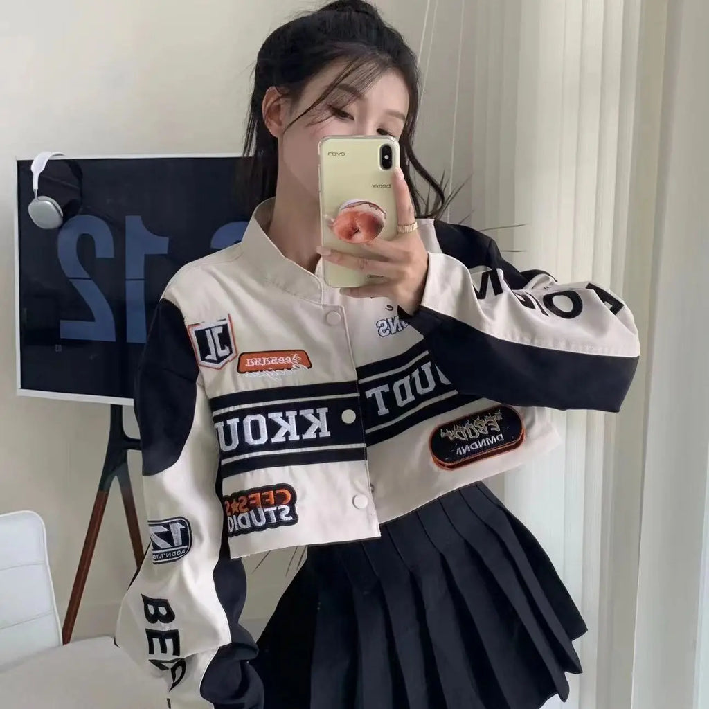 Women's Casual Short Jacket with Zippers Retro Loose Baseball Jacket for 2024 Autumn Detachable Moto Coat Embroidered Letters