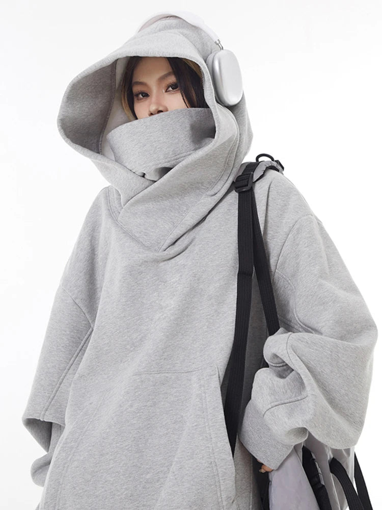 Autumn Solid Color Japanese Ninja Hoodies Men's Turtleneck Vintage Fleece Sweatshirts Hip Hop Y2K Streetwear Oversized Hoodie