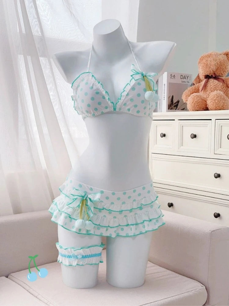 Y2K Korean Cute Two Piece Swimsuit Women Print Ruffle Halter Bikini with Mini Skirt Beach Vacation