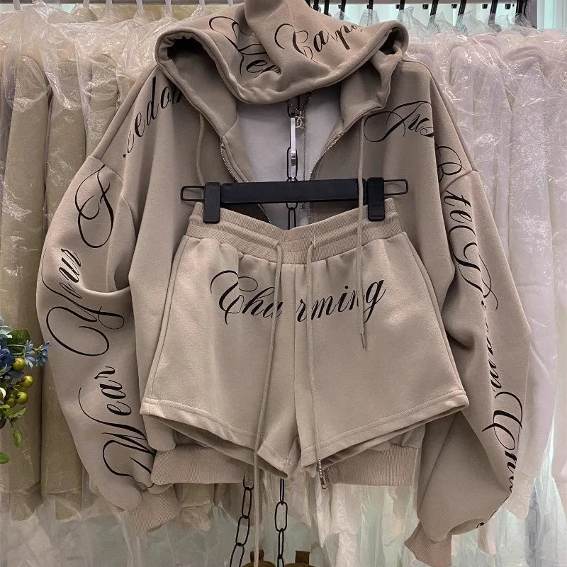 Vintage High Street Hooded Sweatshirt Jacket Shorts Two-Piece Set Women Outfit Shorts Sets Long-Sleeve Jacket Spring Autumn Suit