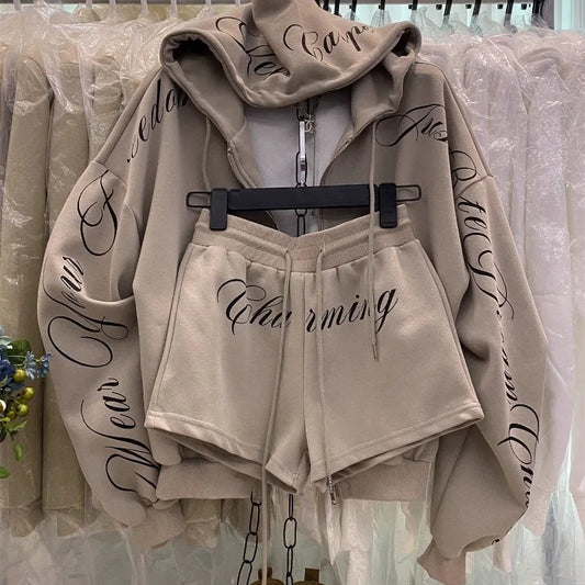 Vintage High Street Hooded Sweatshirt Jacket Shorts Two-Piece Set Women Outfit Shorts Sets Long-Sleeve Jacket Spring Autumn Suit