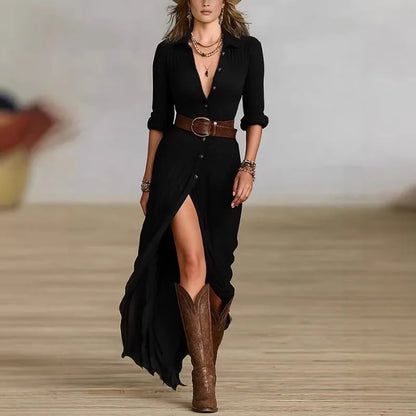 Women's Fall 2026 Sexy Solid Color Irregular Pleated Belted Dress