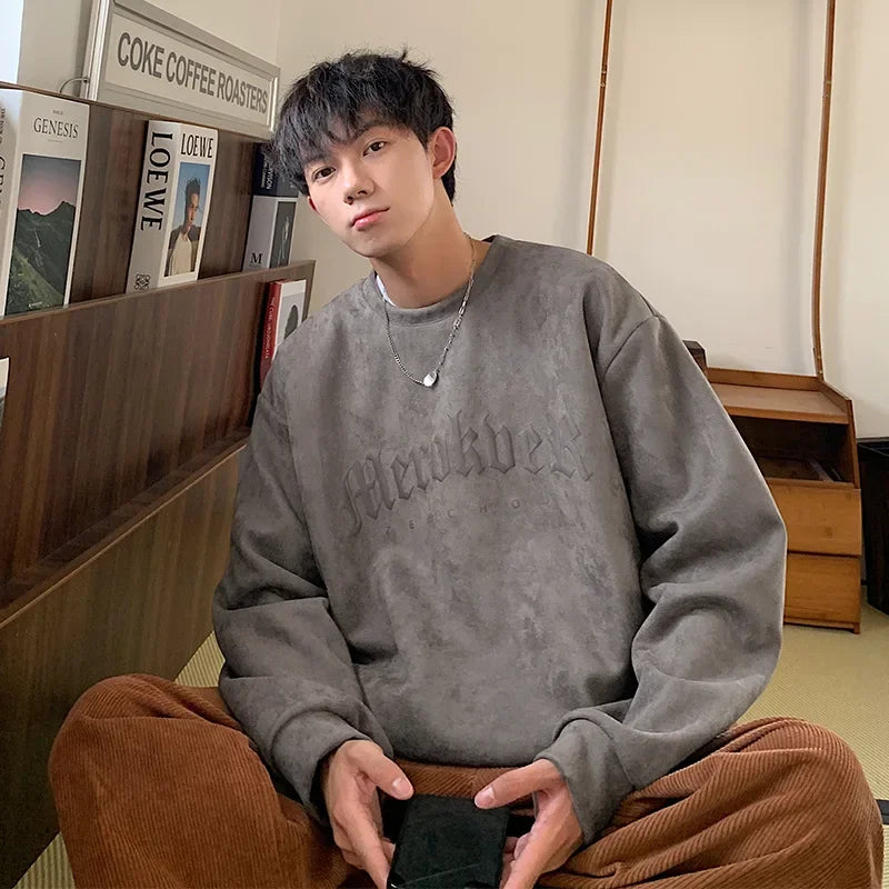 Suede Round Neck Hoodless Sweatshirts Men Autumn Trendy High Street Tops vintage Streetwear Long Sleeve Printed Letters