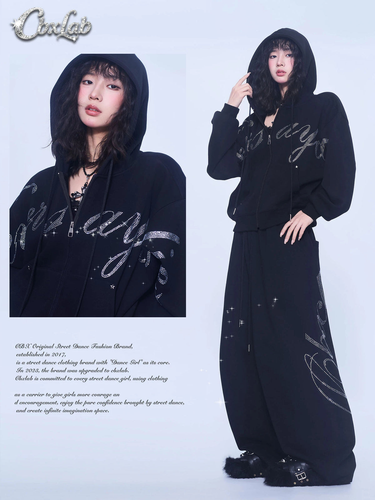 CBXLAB Street Dance Trendy Brand Glitter Heart Rhinestone Set Autumn Winter Fleece Lined Hooded Jacket Hip Hop Pants