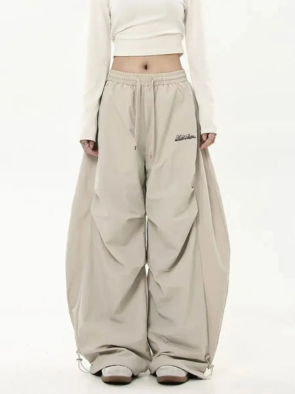 Women Casual Joggers Tech Pants Solid Low Waist Pants Drawstring Wide Leg Baggy Trousers Y2k Streetwear Oversize Sweatpants
